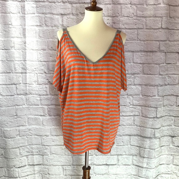 Bobeau Orange/Grey Stripe Cold Shoulder Top - L - Picture 1 of 6